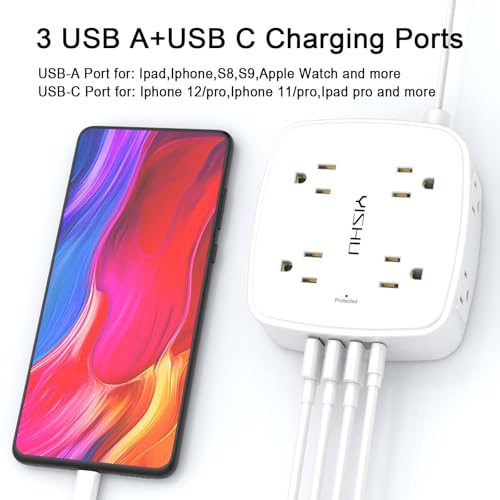 6 Ft Surge Protector Power Strip - YISHU 8 Widely Outlets with 4 USB Ports, 3 Side Outlet Extender with 6 Feet Flat Extension Cord, Ultra Flat Plug, Wall Mount, Desk USB Charging Station, ETL, White