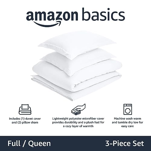 Amazon Basics Lightweight Wrinkle-Resistant Microfiber 3 Piece Duvet Cover Set with Zipper Closure, Full/Queen, Bright White