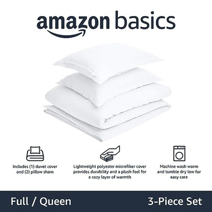 Amazon Basics Lightweight Wrinkle-Resistant Microfiber 3 Piece Duvet Cover Set with Zipper Closure, Full/Queen, Bright White