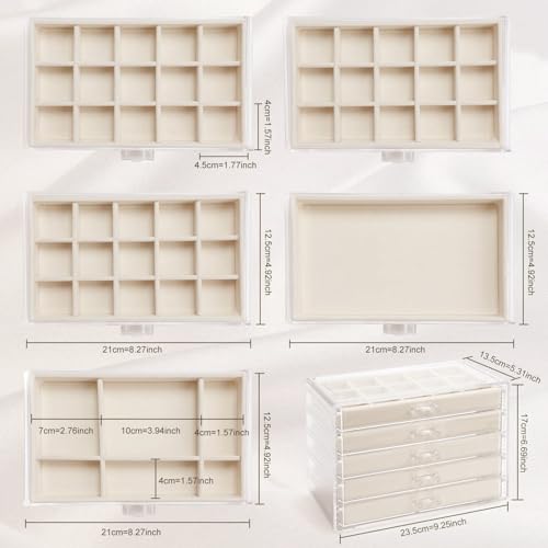 GUOER Earring Organizer 5 Drawers Acrylic Jewelry Box for Women, Warm White | Clear Earring Holder Organizer Box, Stud Earring Ring Display Storage Case Large, Adjustable Velvet Trays Girls Gifts