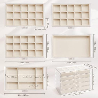 GUOER Earring Organizer 5 Drawers Acrylic Jewelry Box for Women, Warm White | Clear Earring Holder Organizer Box, Stud Earring Ring Display Storage Case Large, Adjustable Velvet Trays Girls Gifts