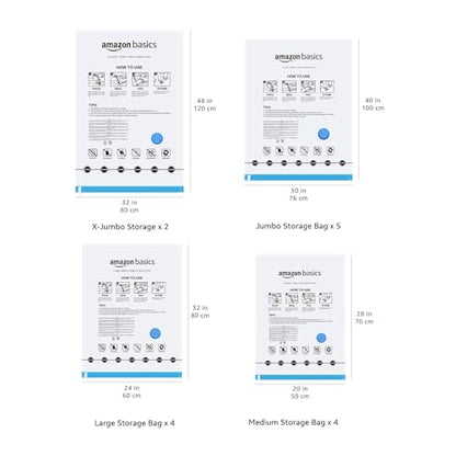 Amazon Basics Vacuum Storage Bags for Clothes, Compression Space Saving Storage Bags with Hand Pump, Reusable, Heavy-Duty Seal Protection, Multiple Sizes, White, 15-Pack