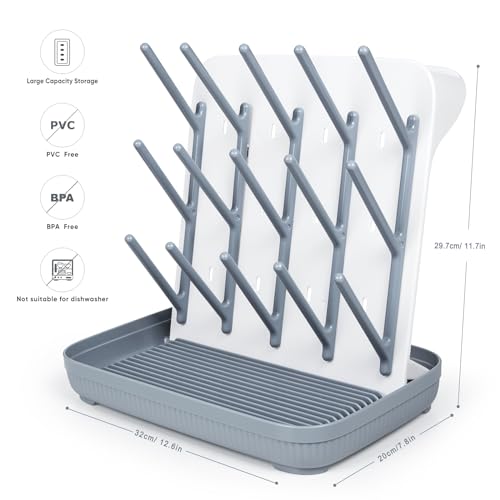Termichy Baby Bottle Drying Rack：Large Vertical Space Saver for Countertop | With 15 Hooks - Quick-Dry Holder for Nipples, Teethers & Breast Pump Parts -Newborn Essentials Must-Haves Grey