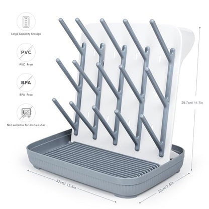 Termichy Baby Bottle Drying Rack：Large Vertical Space Saver for Countertop | With 15 Hooks - Quick-Dry Holder for Nipples, Teethers & Breast Pump Parts -Newborn Essentials Must-Haves Grey