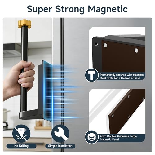 Magnetic Paper Towel Holder for Fridge Strong Magnet Black Kitchen Towel Holders Storage Organizer with Gold Nut for Refrigerator Grill Toolbox