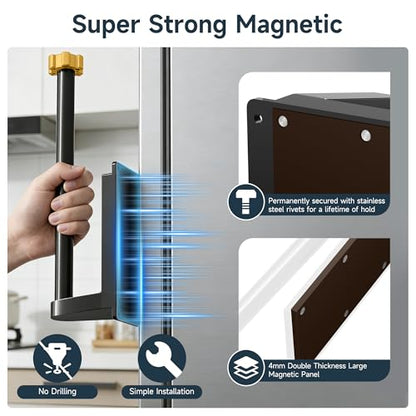 Magnetic Paper Towel Holder for Fridge Strong Magnet Black Kitchen Towel Holders Storage Organizer with Gold Nut for Refrigerator Grill Toolbox
