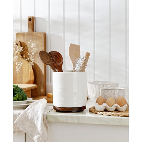 Utensil Holder, 360° Rotating Extra Large Ceramic Kitchen Utensil Holder for Countertop, 7.3“ Cooking Utensil Crocks for Kitchen Counter with Rotatable Wooden Base, Farmhouse Decor, White
