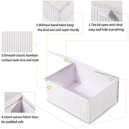 Bamboo Decorative Storage Boxes - Set of 3 Woven Lined Storage Basket with Lids, White Wicker Lidded Baskets for Home Kitchen Shelf Organizer Decor
