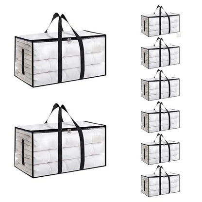 8 Pack-Extra Large Heavy Duty Moving Bags - Waterproof Storage Totes with Handles & Zippers, Foldable for College Dorm, Storage (Clear)