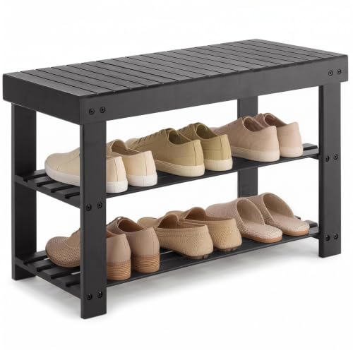 Shoe Rack Bench, 3-Tier Bamboo Shoe Organizer, Woo... (Black | Wood)