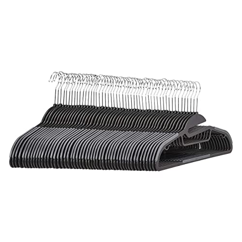 Amazon Basics Non-slip Heavy Duty Space Saving Plastic Hangers with Rubber and Horizontal Bar, Lightweight, Gray, Pack of 50