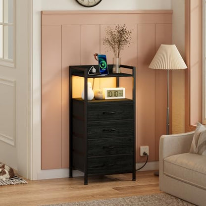 Night Stand with Charging Station,LED,Tall Bedside Table for Dorm | 4 Drawer Dresser for bedroom, with LED light & Remote Control, Fabric Bins and Metal Frame,Wood Desk Top,Easy Assemble,Black
