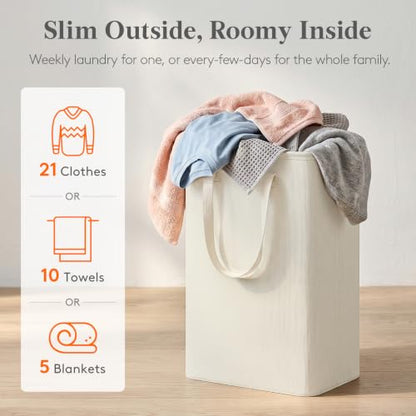 Lifewit Slim Laundry Hamper, Narrow Small Laundry Basket with Handle for Dirty Clothes, Collapsible Tall Thin Laundry Bin for Bathroom Bedroom Dorm College, 50L, White