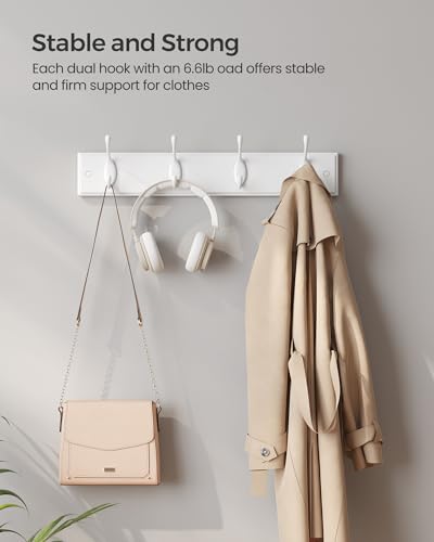 SONGMICS Wall-Mounted Coat Rack, Hook Rack, 4 Dual Metal Hooks, White | For Coats, Bags, Keys, in the Entryway, Bedroom, Living Room ULHR23WT