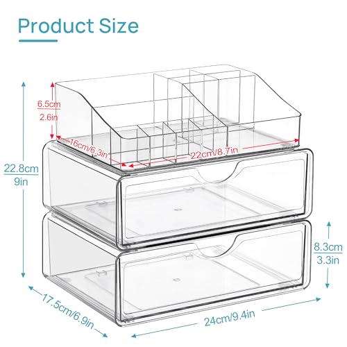 Vtopmart 3 Tier Clear Makeup Organizer with 2 Drawers | Smart Storage Layout, Clear for Better Visibility, Stackable, Large Capacity, for Makeup Lipstick Brush Skincare