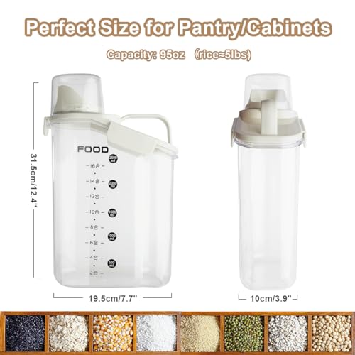 2 PCS Airtight Storage Containers, 2.8L/95fl.oz Cereal Rice Holder, Dog Cat Food Dispenser with Measuring Cup, BPA Free Clear Plastic Kitchen Pantry Organization Bin, 1 Blue+1 White