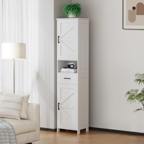 67" H Tall Bathroom Storage Cabinet with Barn Doors and Drawer | Narrow Storage Unit with Adjustable Shelves, Floor Cabinet for Bathroom, Living Room, Entryway or Kitchen, White, 15.7" W