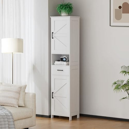 67" H Tall Bathroom Storage Cabinet with Barn Doors and Drawer | Narrow Storage Unit with Adjustable Shelves, Floor Cabinet for Bathroom, Living Room, Entryway or Kitchen, White, 15.7" W