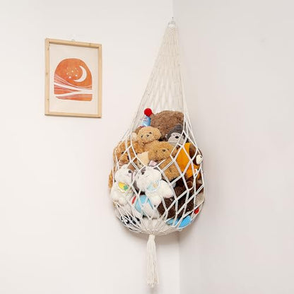 Amdermi Stuffed Animal Hammock Corner, Boho Macrame Plush Toy Storage Net for Wall, Hanging Stuffed Animal Holder for Nursery, Playroom, Kids Room, Cream