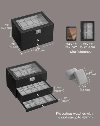 SONGMICS Watch Box, 20-Slot Watch Case Organizer, Black | Large Glass Lid, Removable Pillows, Metal Lock, Gift for Loved Ones, Grey Lining UJWB036B101