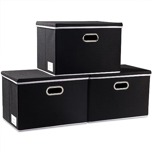 Large Foldable Storage Boxes with Lids [3-Pack] Fabric Collapsible Storage Bins Organizer Containers Baskets Cube with Cover for Home Bedroom Closet Office Nursery Black(17.7x11.8x11.8)