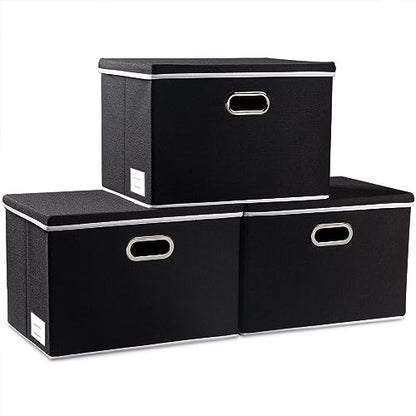 Large Foldable Storage Boxes with Lids [3-Pack] Fabric Collapsible Storage Bins Organizer Containers Baskets Cube with Cover for Home Bedroom Closet Office Nursery Black(17.7x11.8x11.8)