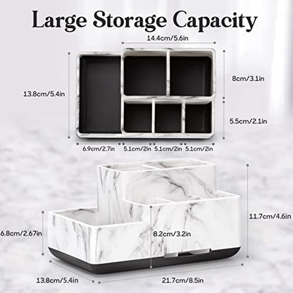 Detachable Toothbrush and Toothpaste Holder for Bathroom Countertop | Large Bathroom Organizer Storage Anti-Slip for Shower, Kitchen, Kids, Family, Multifunction Toothbrush Holders Marble Silver