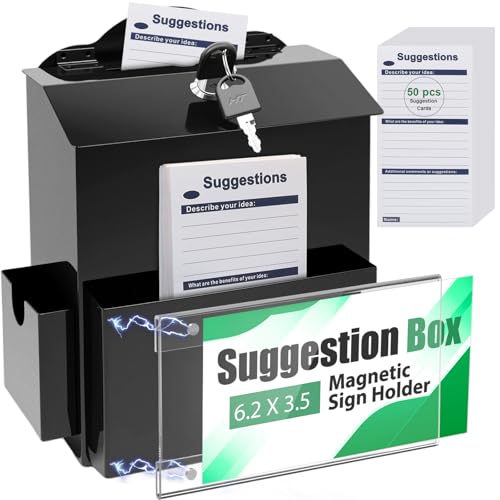 Metal Suggestion Box with Slot, Lockable Donation Box with Keys & 50 Cards | Wall/Tabletop Mounted Black Ballot Boxes, Magnetic Acrylic Sign Holder, 2 Storage Compartments, for Office School Church Shop