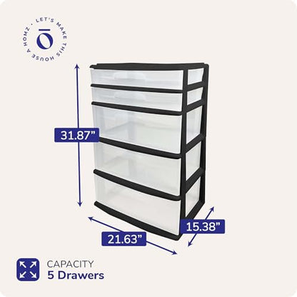 HOMZ Drawer Tower, 5-Tier Extra-Wide Clear Plastic Storage Organizer Cart, Black Frame - Stackable Container Boxes for Bedroom, Bathroom, Garage, and Office Organization