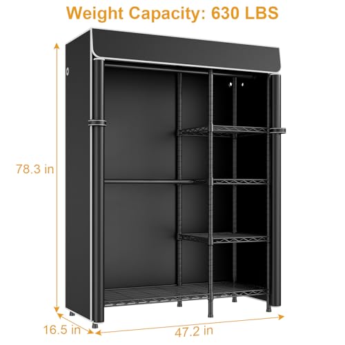 F2C Clothes Rack with Cover, Black Clothing Racks Heavy Duty | Garment Rack with Shelves for Hanging Clothes, Metal Portable Closet System, 47.2"W x 16.5"D x 78.3"H, Load 630lbs