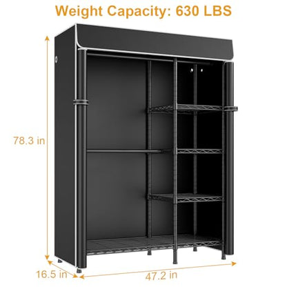 F2C Clothes Rack with Cover, Black Clothing Racks Heavy Duty | Garment Rack with Shelves for Hanging Clothes, Metal Portable Closet System, 47.2"W x 16.5"D x 78.3"H, Load 630lbs