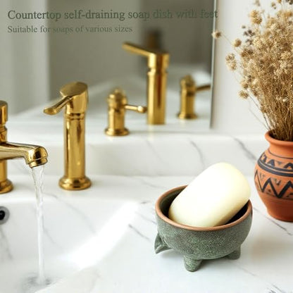 Soap Dish with Drainage, Ceramic Self Draining bar Soap Holder | Soap saver for shower, bathroom, kitchen sink, countertop. Keeps bar dry & lasts longer. Round Avocado Green