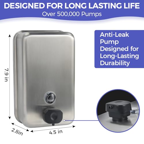 Stardrix Heavy Duty Stainless Steel Wall Mount Soap Dispenser, 1100ml/37oz, with Corrosion Proof Lining and Anti-Leak Pump for Commercial & Home Bathroom Kitchen(Vertical)