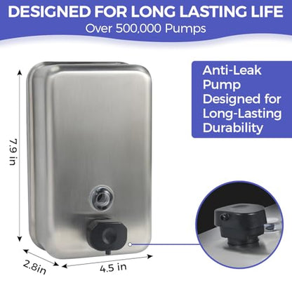 Stardrix Heavy Duty Stainless Steel Wall Mount Soap Dispenser, 1100ml/37oz, with Corrosion Proof Lining and Anti-Leak Pump for Commercial & Home Bathroom Kitchen(Vertical)