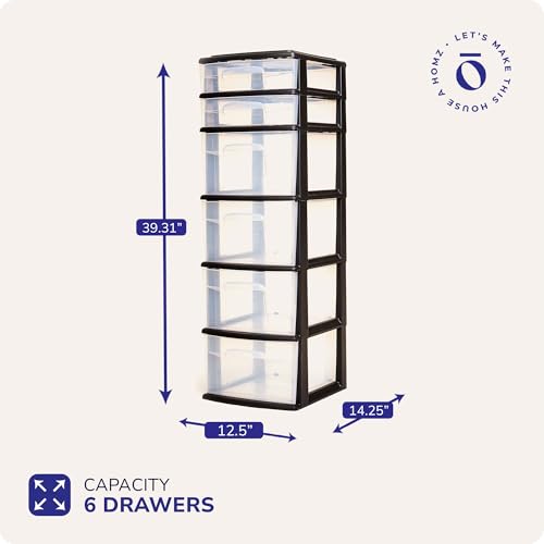 HOMZ Drawer Tower, 6-Tier Storage Cart with Removable Wheels, Black Frame | Plastic Organizer with Clear Bin Drawers for Bedroom, Bathroom, Home Office, and Dorm Rooms