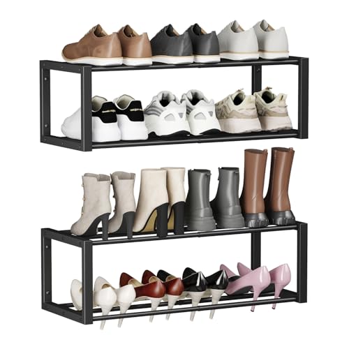 Homeiju Hanging Shoe Organizer,2 Pack Wall Mounted Shoe Rack Holds 12 Pairs,Space Saving Metal Wall Shoe Rack,Hanging Shoe Rack Shoe Holder for Small Space,Entryway,Closet,RV,Camper（Black