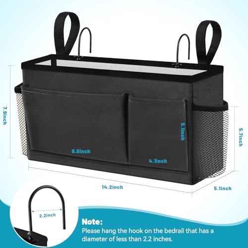 BlissTotes Bedside Caddy, Dorm Storage with Pockets, Bunk Bed Accessories | Hanging Bed Storage Organizer with Hooks, Bedside Shelf Bag, Magazine Holder for Home, College, Hospital (Dark Grey, 1 Pack)
