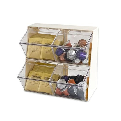 Large Coffee Pod and Tea Bags Organizer with Lid, White | Plastic Creamer Holder, For K Cups, Sugar Bags, Drink Packets, Coffee Bar Accessories Storage Box for Home Office