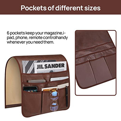 Teniux Remote Control Holder GRS Certified Armrest Organizer with 6 Pockets for recliner couch sofa, Recycled Material Armchair Caddy for Smart Phone, Book, Magazines, Ipad(Brown)