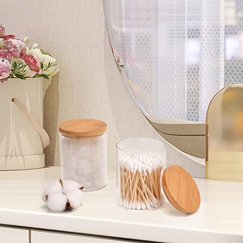 BKYFPQ 2 Pack Glass Qtip Holder Dispenser for Cotton Ball,Swab,Pads,Floss | Apothecary Jars with Lids,Vanity Makeup Organizer and Bathroom Canister Storage Organizer