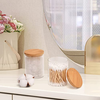 BKYFPQ 2 Pack Glass Qtip Holder Dispenser for Cotton Ball,Swab,Pads,Floss | Apothecary Jars with Lids,Vanity Makeup Organizer and Bathroom Canister Storage Organizer