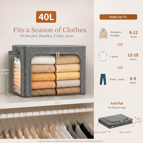 GoMaihe Clothes Storage Bins with Metal Frame for Sweaters, 40L 3-Pack Grey | Seasonal Clothes Hoodies Jeans, Closet Top Shelf Linen Closet Organizer, 3 Side Access Stackable Collapse-Proof, Clear Window