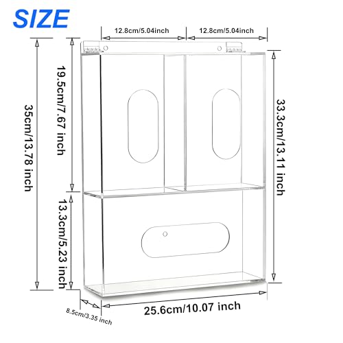 Triple Hygiene Dispenser Sanitation Station with Lid - Tabletop or Wall Mounted Masks and Glove Box Holder Dispenser for Hairnet Shoe Cover - 3 Compartments Acrylic Medical Organizer, Clear