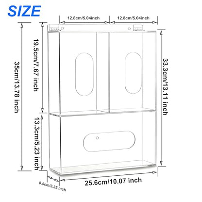 Triple Hygiene Dispenser Sanitation Station with Lid - Tabletop or Wall Mounted Masks and Glove Box Holder Dispenser for Hairnet Shoe Cover - 3 Compartments Acrylic Medical Organizer, Clear