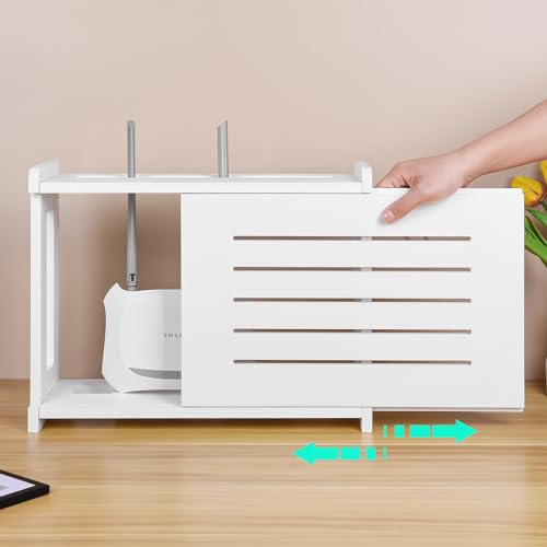 Router Shelf Wall Mount WiFi Router Storage Box Modem Cable Cover Organized Power Strip Cable Management Hider Rack By Solid Wood White
