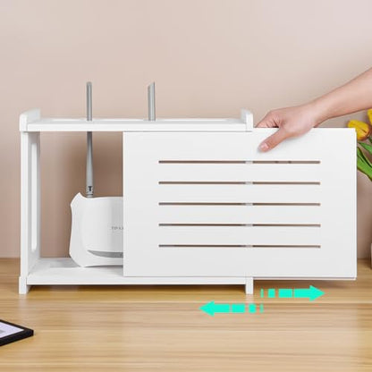 Router Shelf Wall Mount WiFi Router Storage Box Modem Cable Cover Organized Power Strip Cable Management Hider Rack By Solid Wood White