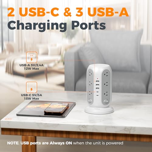 TESSAN Tower Power Strip Surge Protector, Flat Extension Cord 10 Ft, Grey | Individual Switches with 12 Outlets, 5 USB Ports(2 USB C), Flat Plug, Charging Station for Multiple Devices, Office, Dorm