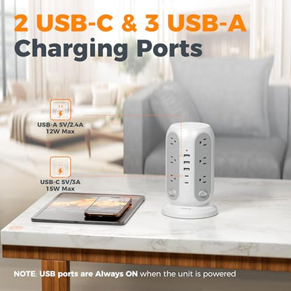 TESSAN Tower Power Strip Surge Protector, Flat Extension Cord 10 Ft, Grey | Individual Switches with 12 Outlets, 5 USB Ports(2 USB C), Flat Plug, Charging Station for Multiple Devices, Office, Dorm
