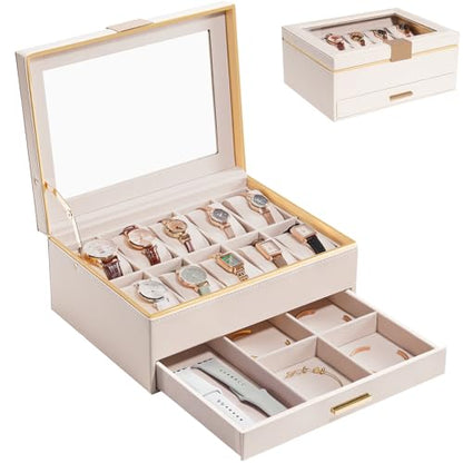 ProCase Watch Case for Women, Valentine Gifts, 10 Slot Watch Display Case with Drawer, 2-Layer Womens Watch Box, 10 Watch Box Organizer, Jewelry and Watch Holder Storage Case with Glass Lid -Beige