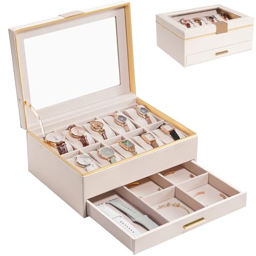 ProCase Watch Case for Women, Valentine Gifts, 10 Slot Watch Display Case with Drawer, 2-Layer Womens Watch Box, 10 Watch Box Organizer, Jewelry and Watch Holder Storage Case with Glass Lid -Beige